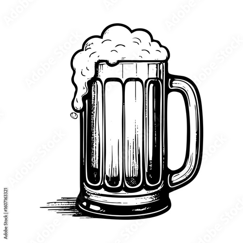 a glass of beer full of foam engraving black and white outline. Scratch board imitation.