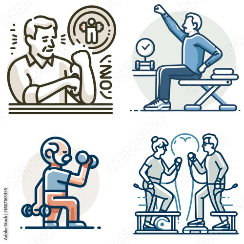 Elderly man exercising with dumbbells and seated on workout bench  