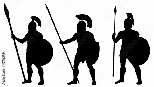Silhouettes of three spartan warriors with spears and shields in a fighting stance isolated on white | editable eps vectors