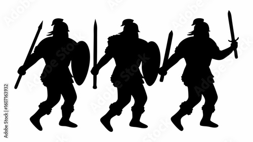 Three silhouettes of warriors armed with swords spears and shields in black color on white background | editable eps vectors