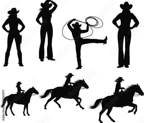 Cowgirl and Horse Rider Silhouette Collection Vector
