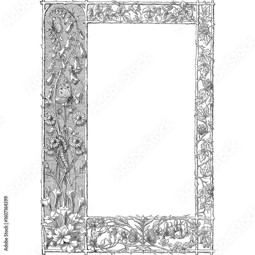 Ornate antique botanical border in a black and white engraving style. Decorative floral frame with intricate flower and leaf illustrations.