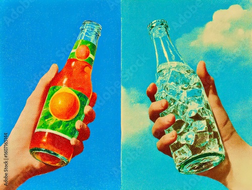 Two Hands Holding Frosted Glass Bottles with Orange Beverage Against Blue Sky

