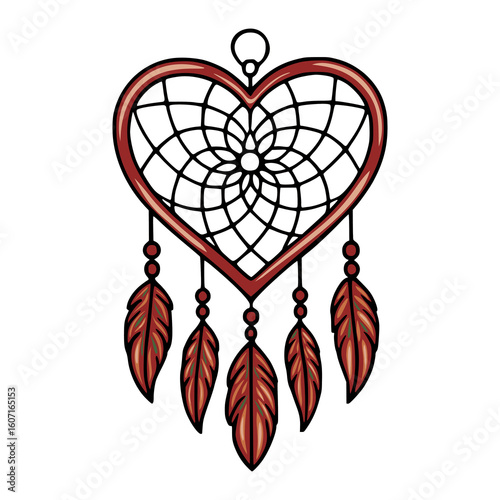 A charming vector illustration of a heart-shaped dream catcher adorned with meticulously detailed feathers, showcasing a unique blend of Native American and bohemian aesthetics.
