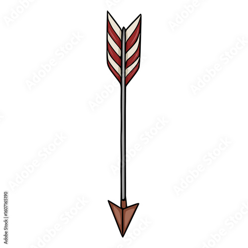 A vector illustration of a single arrow with a brown tip and red and white striped fletching, isolated on a white background, suitable for various design projects.