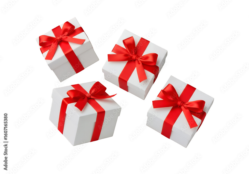 Fototapeta premium Four white gift boxes with red ribbons isolated on transparent background