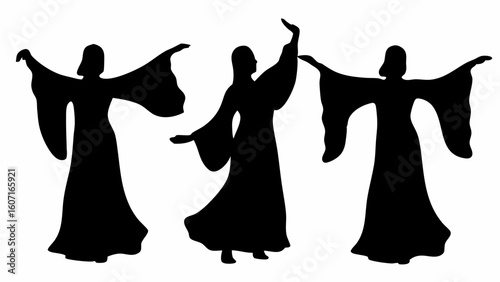 Three silhouettes of women in flowing robes with outstretched arms in a dance formation pose