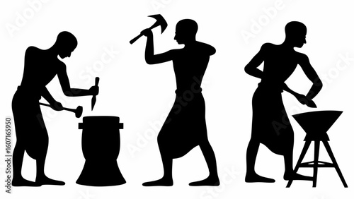 Silhouettes of three blacksmiths working with tools and anvil in a traditional blacksmith shop setting