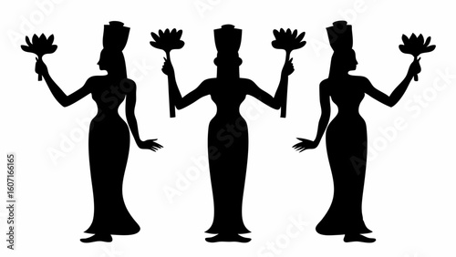 Three black silhouette figures of women holding lotus flowers wearing headdresses in a row design