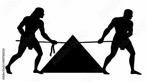 Two men pulling a pyramid with a rope in silhouette style on a white background in simple illustration