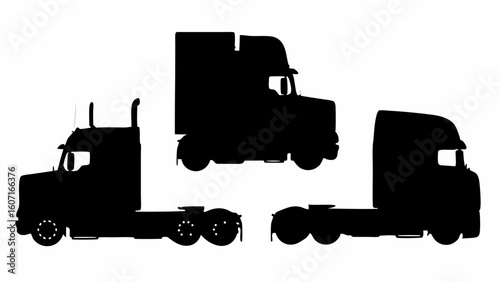 Three silhouette semi trucks showcasing different cab styles on a white background design element