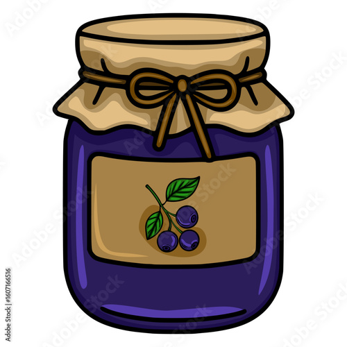 Vector illustration of a blueberry jam jar with a kraft paper lid tied with a brown ribbon, featuring a hand-drawn style and a rustic aesthetic.