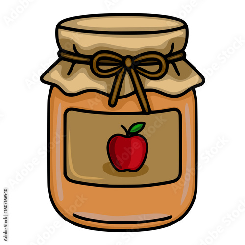 Vector illustration of a charming apple jam jar with a kraft paper lid tied with a brown ribbon, featuring a simple apple label design.