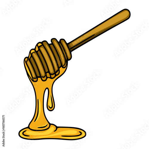 A vector illustration of a honey dipper with dripping honey, showcasing a detailed wooden handle and golden honey texture.