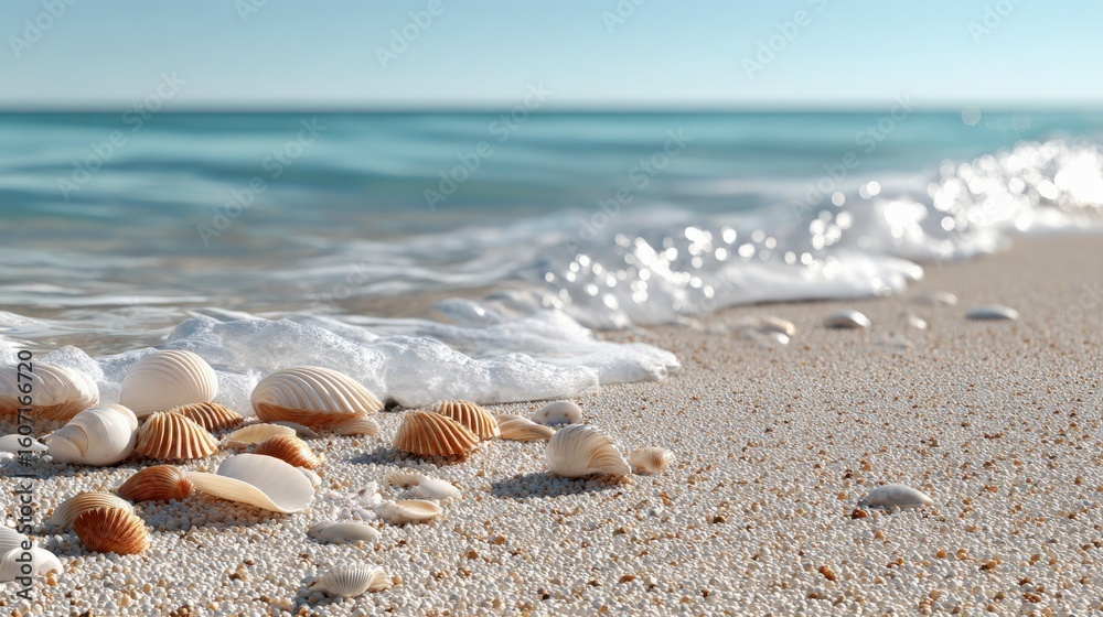 Seashells on Sandy Beach with Ocean Water Seashells on Sandy Beach with Ocean Water