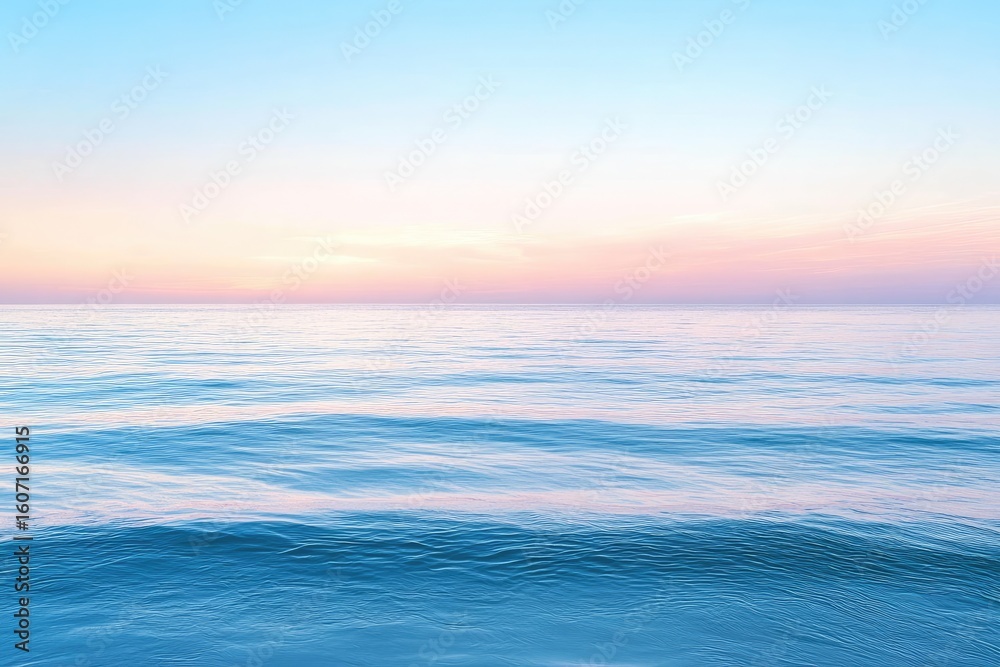 Obraz premium Calm, pastel-toned sunrise over a tranquil ocean. Soft colors blend seamlessly from pale blue to rosy-pink in the sky, reflecting in the smooth, rippled water
