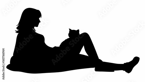 Silhouette of a woman reclining with a cat resting on her legs in a relaxed and peaceful pose
