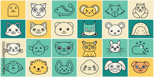 Line style icons representing various pets, including a dog, cat, fish, and bird, arranged in a cohesive set..eps