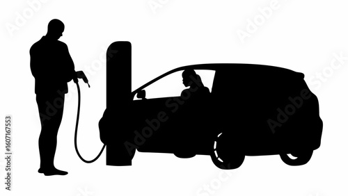 Silhouette of a man charging an electric car with a woman sitting inside on a white background