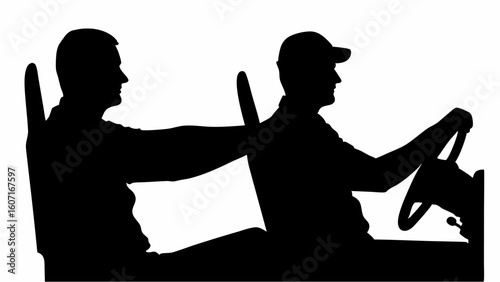 Silhouette of two people in a vehicle one driving and one with arm extended to the side view