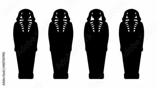 Four black mummies standing next to each other with visible ribs and head in a row on a white background | editable eps vectors silhouette