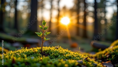 minimalist close up of a lone baby tree emerging from vibrant green moss during golden hour, glowing sun rays in soft focus behind, natural forest environment, cinematic macro shot, no logo, no text