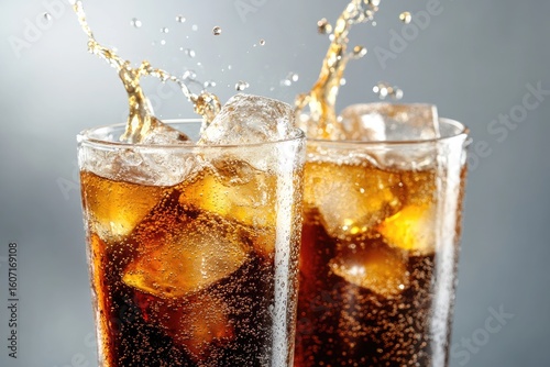 Refreshing cola splashing in two clear glasses filled with ice cubes, perfect for beverage advertisements, summer drink promotions, restaurant menus, and thirst-quenching marketing designs