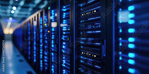 Advanced data center with glowing blue servers and blurred background lights, suitable for cloud computing, cybersecurity visuals, IT services promotion, and network infrastructure content