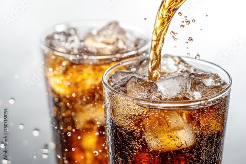 Pouring cola into glasses filled with ice cubes and fizz, perfect for beverage advertisements, refreshing summer promotions, fast food branding, and drink packaging designs