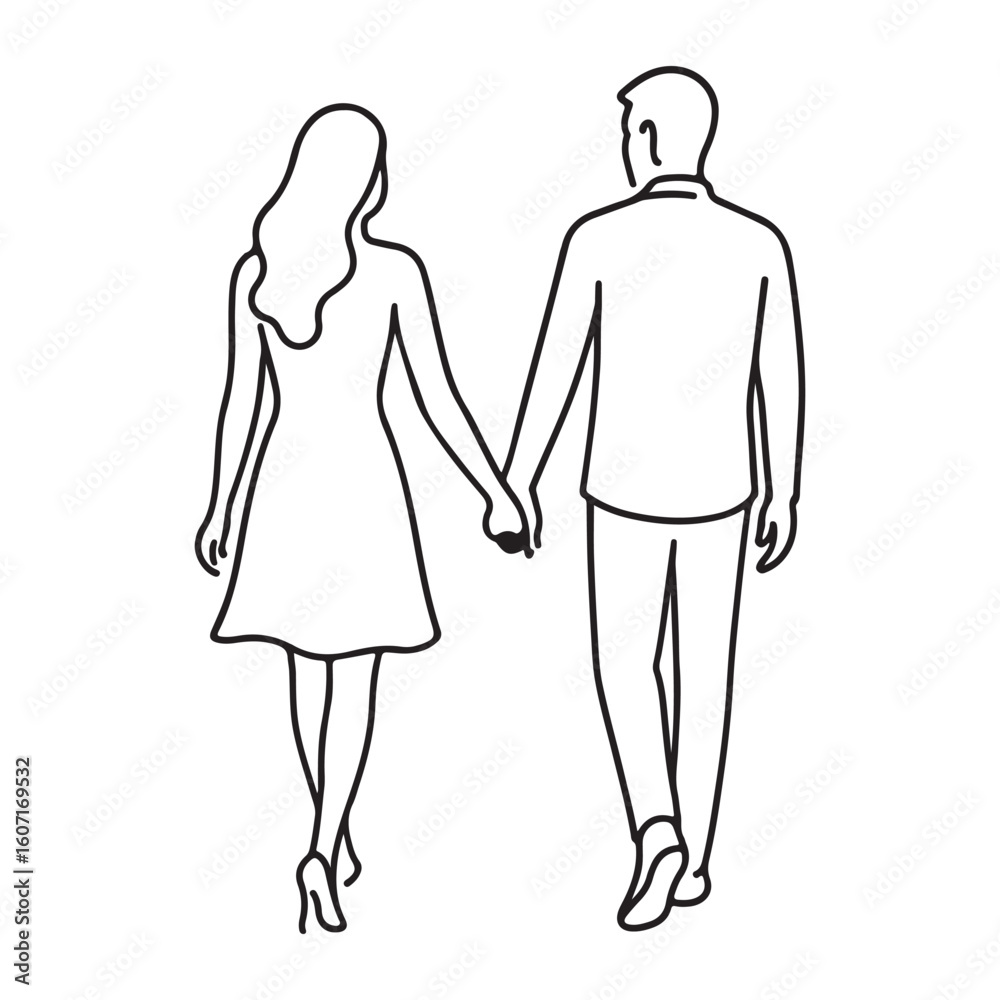 Romantic Couple Walking Hand in Hand Outline Illustration Romantic Couple Walking Hand in Hand Outline Illustration