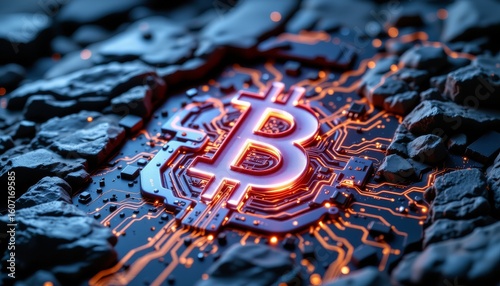 Illuminated bitcoin cryptocurrency symbol digital world graphic design tech environment close-up view innovative concept