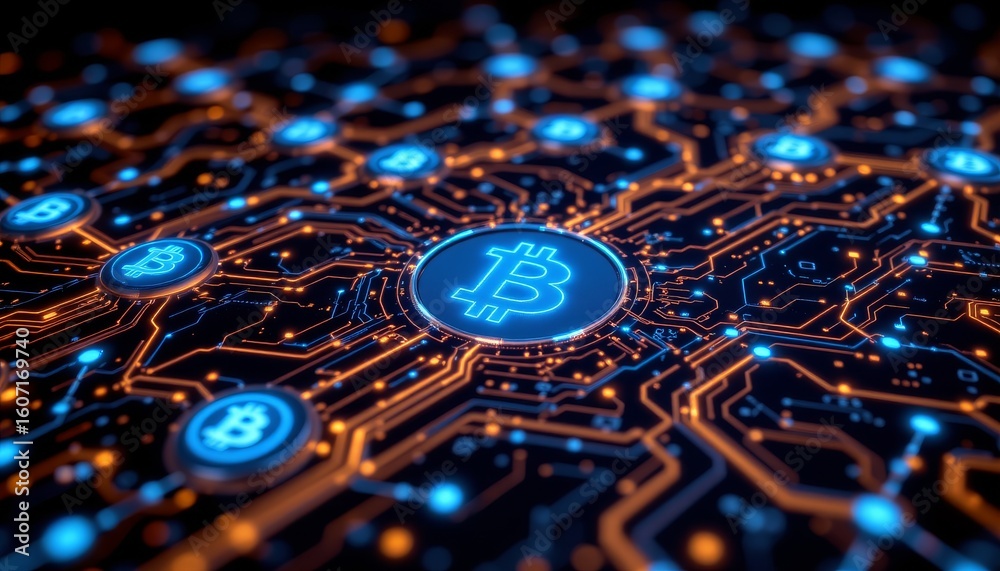 Fototapeta premium Digital currency network virtual space infographic technology close up view of a bitcoin circuit