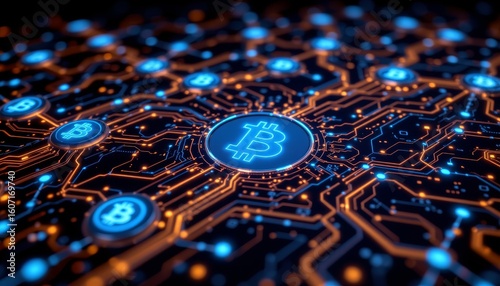 Digital currency network virtual space infographic technology close up view of a bitcoin circuit