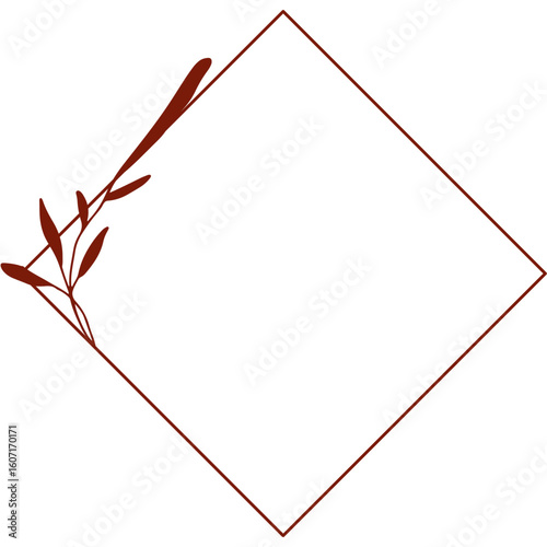 Minimalist diamond frame with a delicate botanical branch. An elegant, hand-drawn rhombus border for modern design.