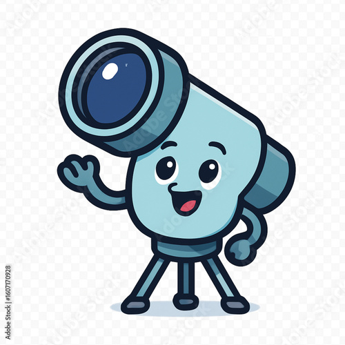 A delightful illustration of a grey telescope, personified with a joyful expression and sparkling eyes. 