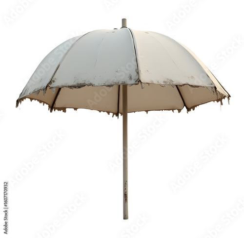 Worn parasol stands alone, poignant symbol of resilience