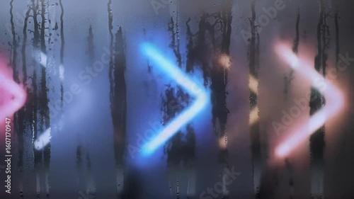 Bright neon arrows flashing through a fogged window. Vibrant glow with moody, misty atmosphere. Perfect for futuristic, cyberpunk, or urban-themed visuals. Seamless loop optional.
