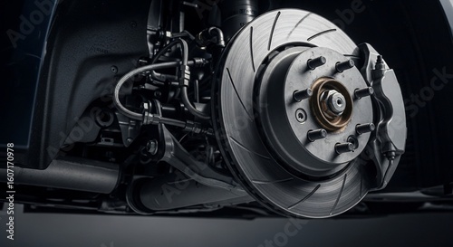 Closeup of Car Brake Disc and Caliper System.