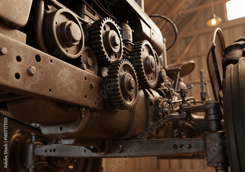 Closeup of Vintage Tractor Engine Gears Rustic Barn Setting.