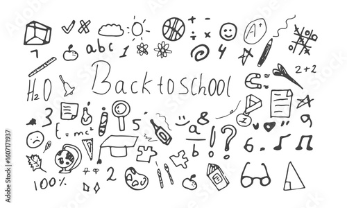 Back to school handdrawn stickers, white background