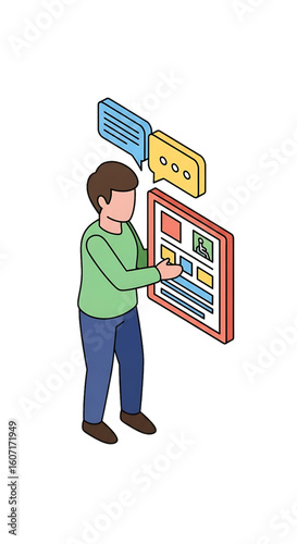 Person interacting with a digital touchscreen or kiosk.