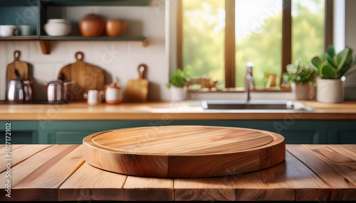 podium or cutting board on wooden table on defocused rustic kitchen bench interior background