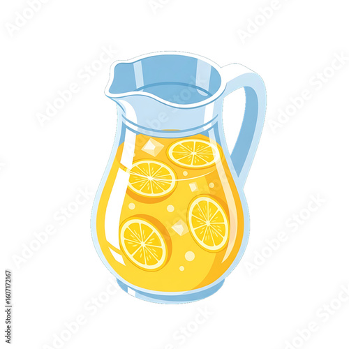 Jug of lemonade with fruit slices, symbol of refreshment and summer.