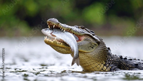 A crocodile in its aquatic habitat devouring a captured fish with sharp teeth and scales predator