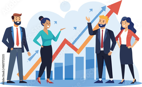 Business team celebrating success with upward trending graph