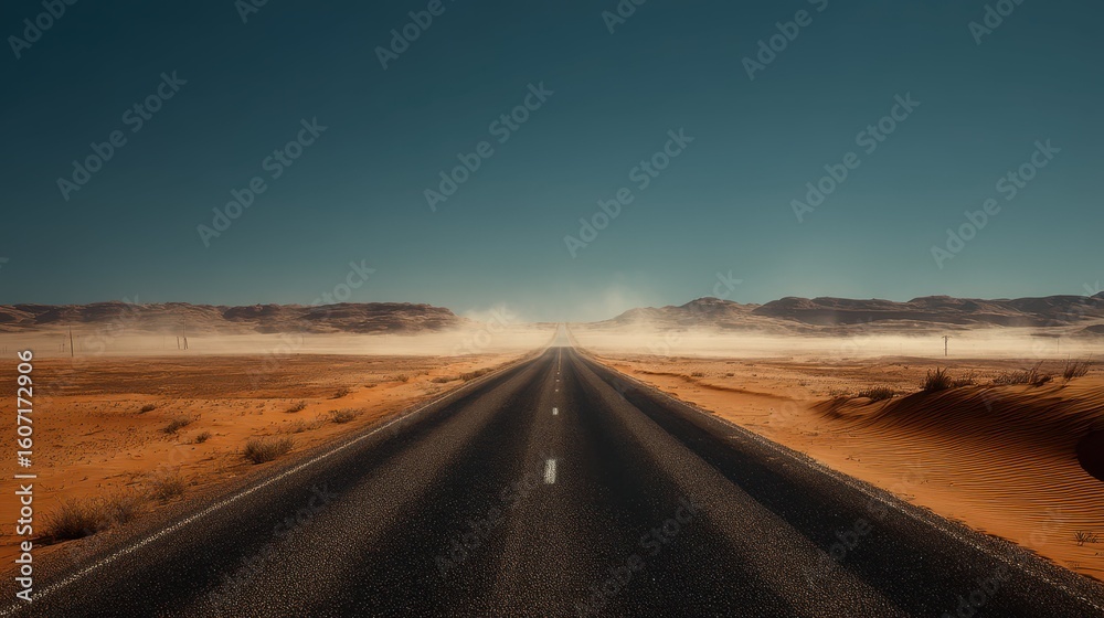 Naklejka premium Expansive Desert Road Stretching to the Horizon Amidst Heat Waves