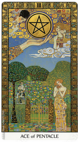Symbolist painter style of tarot card illust Ace of Pentacles