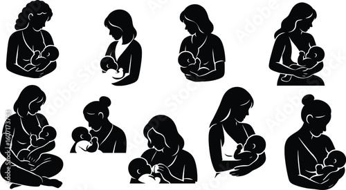 Breastfeeding mother and baby silhouette set for nurturing and maternity themes