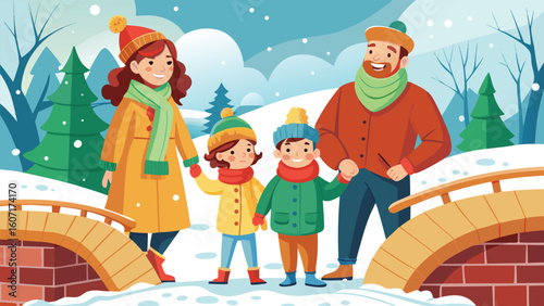Happy family enjoying a snowy winter day outdoors