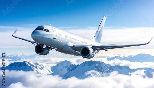 Modern jet plane above snowy mountain peaks